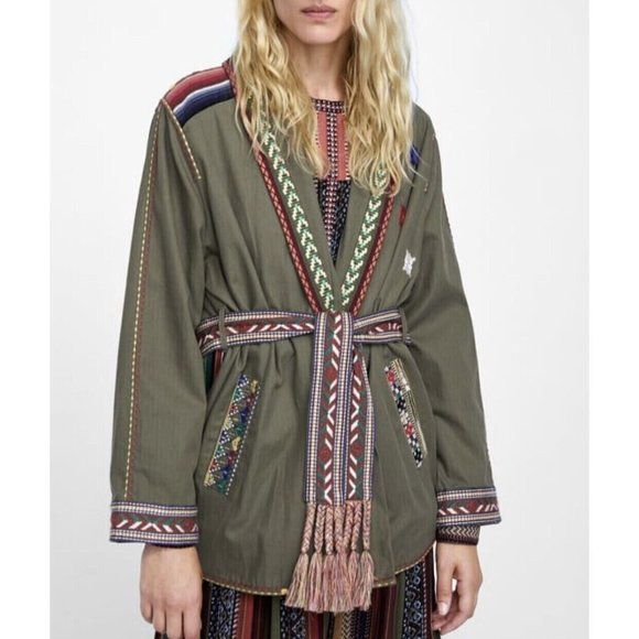 Zara Jackets & Blazers - ZARA Green Mirrored Embroidered Tie Waist Boho Ethnic Jacket Small Fits 12 14